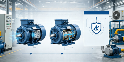 Electric motor enclosure types comparison showing TEFC and ODP motor designs with IP ratings