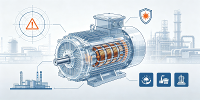 Explosion proof motor for hazardous industrial areas showing protection design and applications